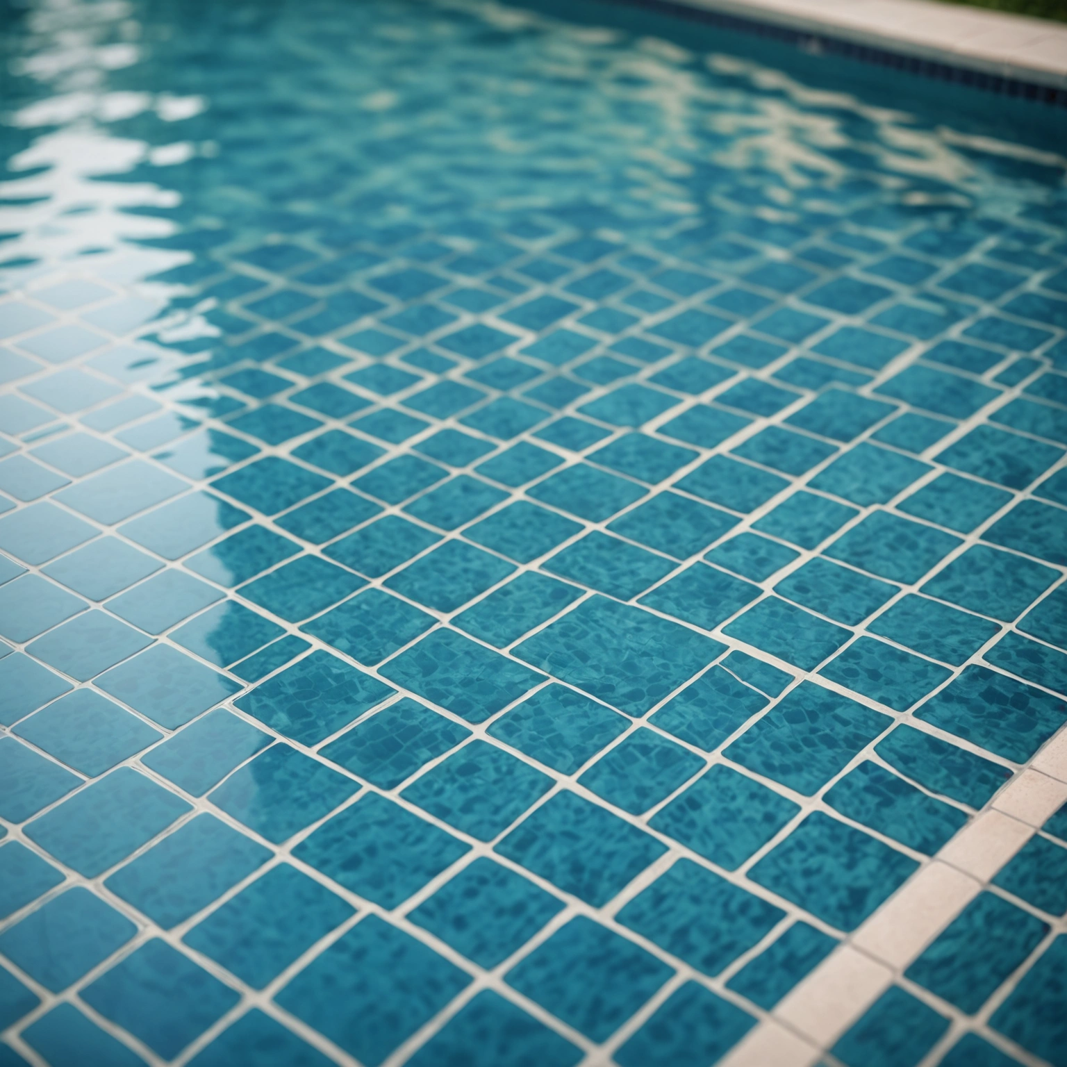 Close up of clean pool waterline tile and shimmering water reflections