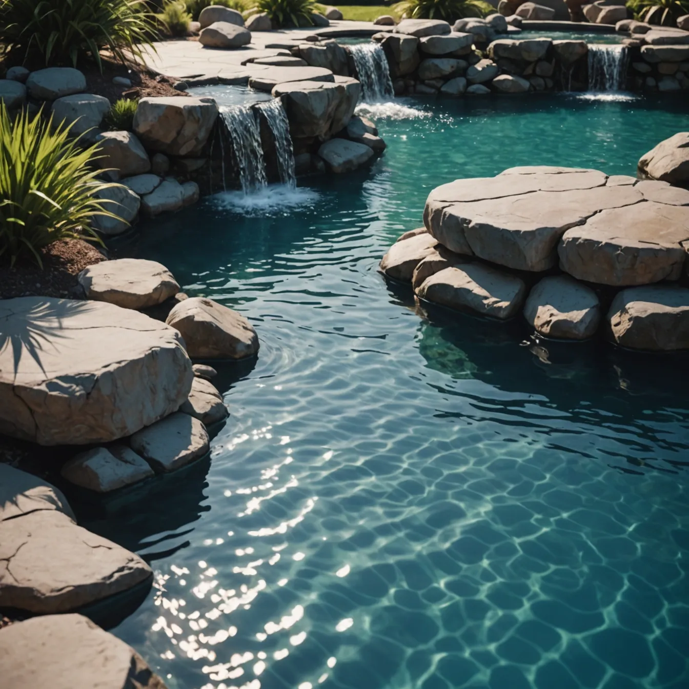 Luxury pool with rocks and waterfalls under sunlight