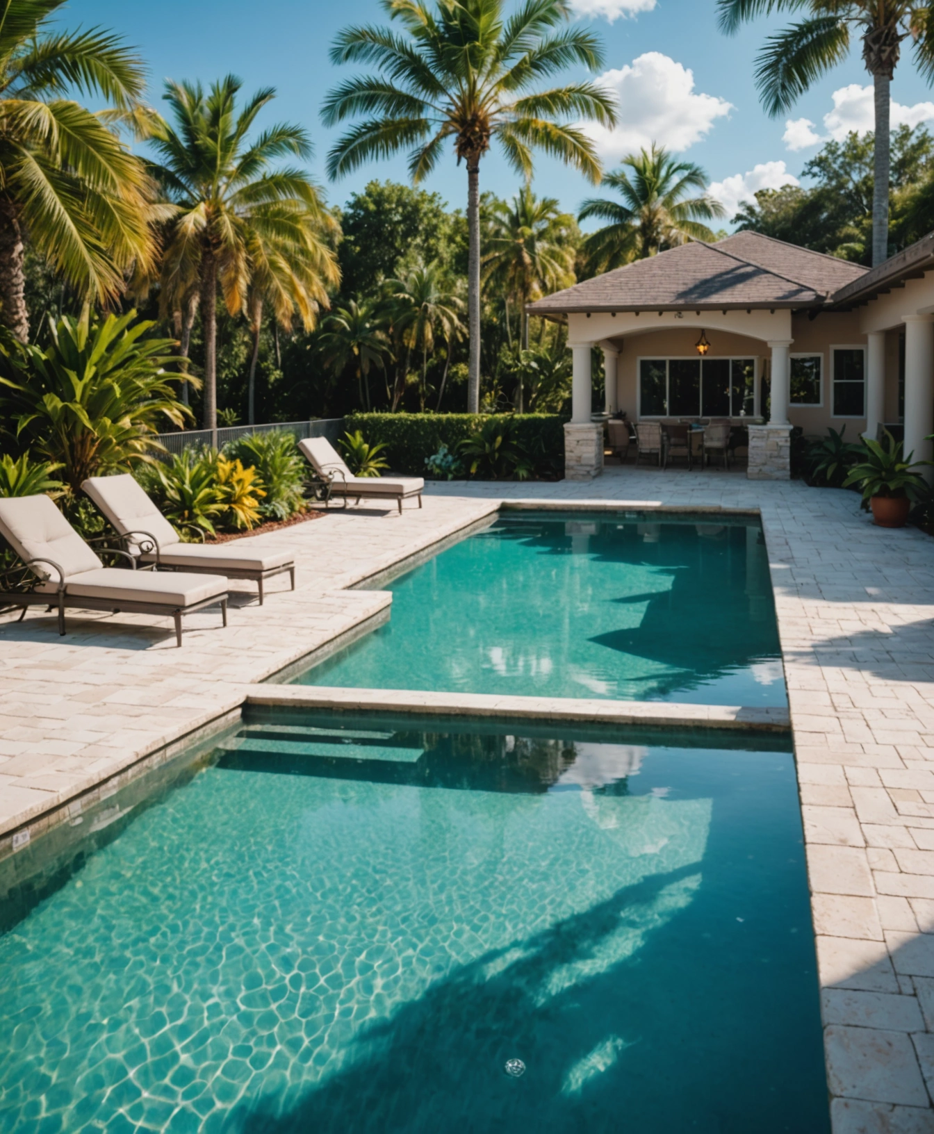 Upscale residential pool in Bonita Springs Florida surrounded by lush greenery