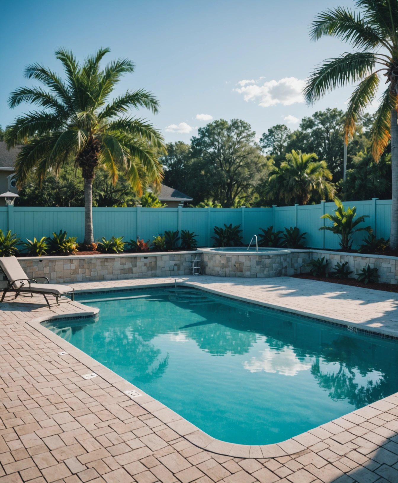 Bright sunny suburban backyard with a clean pool and landscaped yard in Florida